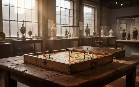 Ein hölzernes historisches Brettspiel auf einem Museumstisch in einem hellen, atmosphärischen Ausstellungsraum. - Foto: über boerse-global.de