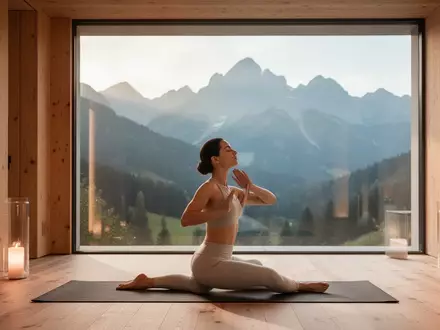 Eine Frau praktiziert Achtsamkeit in einem modernen Wellness-Resort mit Blick auf die Alpen. - Foto: über boerse-global.de