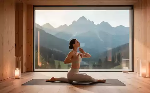 Eine Frau praktiziert Achtsamkeit in einem modernen Wellness-Resort mit Blick auf die Alpen. - Foto: über boerse-global.de