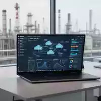 Moderner IT-Arbeitsplatz mit Laptop, der Cloud-Infrastruktur-Software zeigt, in einem hellen, professionellen Büro. - Foto: über boerse-global.de