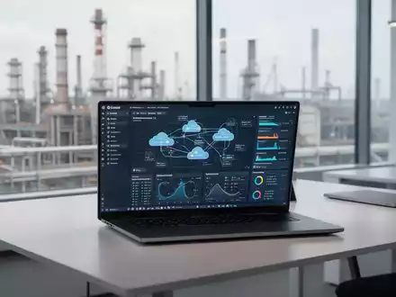 Moderner IT-Arbeitsplatz mit Laptop, der Cloud-Infrastruktur-Software zeigt, in einem hellen, professionellen Büro. - Foto: über boerse-global.de