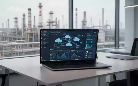 Moderner IT-Arbeitsplatz mit Laptop, der Cloud-Infrastruktur-Software zeigt, in einem hellen, professionellen Büro. - Foto: über boerse-global.de
