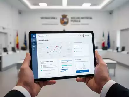 Ein Tablet mit einer KI-Chatbot-Schnittstelle in einem modernen Bürogebäude der Gemeindeverwaltung. - Foto: über boerse-global.de