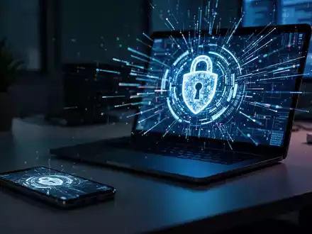 Smartphone und Laptop in einem abgedunkelten BĂŒro, die digitale Sicherheitsrisiken und Cyberangriffe symbolisieren. - Foto: ĂŒber boerse-global.de