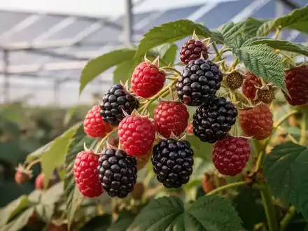 Frische Himbeeren und Brombeeren an einem Strauch in einer landwirtschaftlichen Anlage mit schützender Überdachung. - Foto: über boerse-global.de