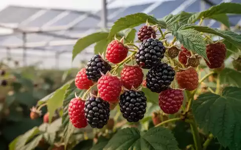 Frische Himbeeren und Brombeeren an einem Strauch in einer landwirtschaftlichen Anlage mit schützender Überdachung. - Foto: über boerse-global.de