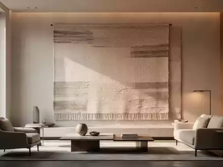 Minimalistisches Wohnzimmer mit einem großformatigen, strukturierten Wandteppich in neutralen Tönen. - Foto: über boerse-global.de