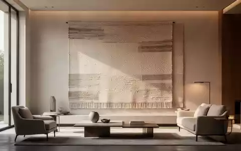 Minimalistisches Wohnzimmer mit einem großformatigen, strukturierten Wandteppich in neutralen Tönen. - Foto: über boerse-global.de