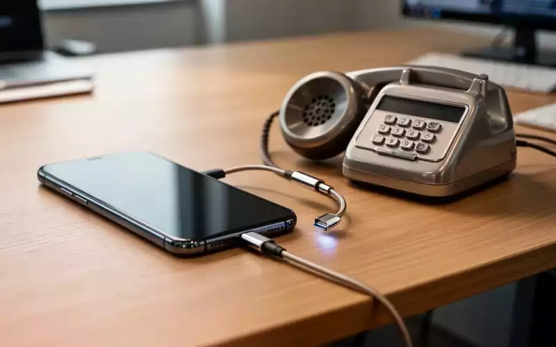 Ein modernes Smartphone verbunden mit einem Retro-Telefonhörer auf einem aufgeräumten Schreibtisch. - Foto: über boerse-global.de