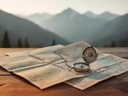 Analoge Reiseutensilien wie Papierkarten und ein Kompass auf einem Holztisch vor einer verschwommenen Berglandschaft. - Foto: über boerse-global.de