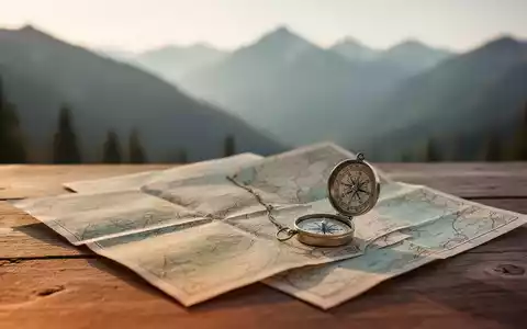 Analoge Reiseutensilien wie Papierkarten und ein Kompass auf einem Holztisch vor einer verschwommenen Berglandschaft. - Foto: über boerse-global.de
