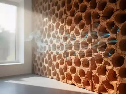 Nahaufnahme einer modernen, porösen Wand aus 3D-gedruckten Ton-Elementen zur passiven Kühlung in einem hellen Wohnraum. - Foto: über boerse-global.de