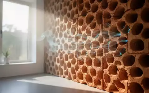 Nahaufnahme einer modernen, porösen Wand aus 3D-gedruckten Ton-Elementen zur passiven Kühlung in einem hellen Wohnraum. - Foto: über boerse-global.de