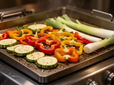 Frisches Gemüse auf einer heißen Grillplatte bei der professionellen Zubereitung. - Foto: über boerse-global.de