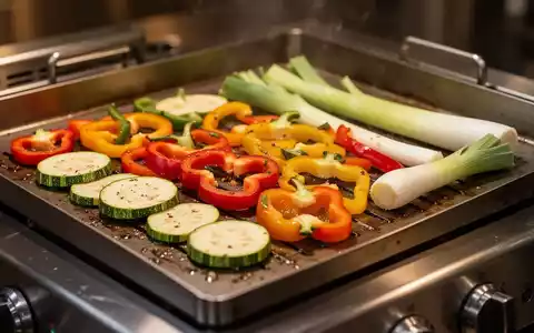 Frisches Gemüse auf einer heißen Grillplatte bei der professionellen Zubereitung. - Foto: über boerse-global.de