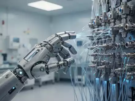 Ein hochmoderner humanoider Roboterarm bei der Interaktion mit einem KI-gestützten 3D-Vision-Sensor in einem Labor. - Foto: über boerse-global.de