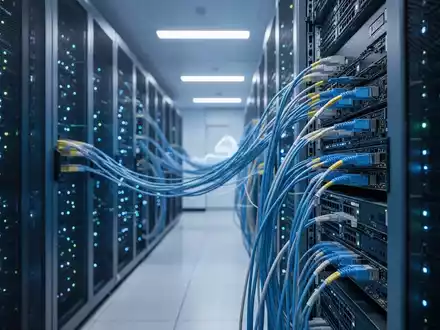 Moderner Serverraum mit leuchtend blauen Lichtern, die Cloud-Computing- und KI-Infrastruktur darstellen. - Foto: über boerse-global.de