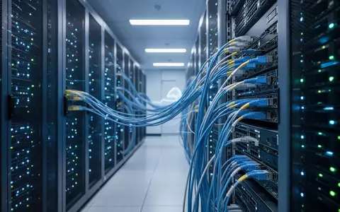 Moderner Serverraum mit leuchtend blauen Lichtern, die Cloud-Computing- und KI-Infrastruktur darstellen. - Foto: über boerse-global.de