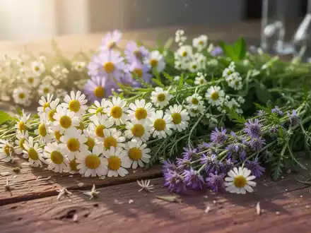 Frische Heilkräuter und Wildblumen auf einem rustikalen Holztisch in natürlichem Licht. - Foto: über boerse-global.de