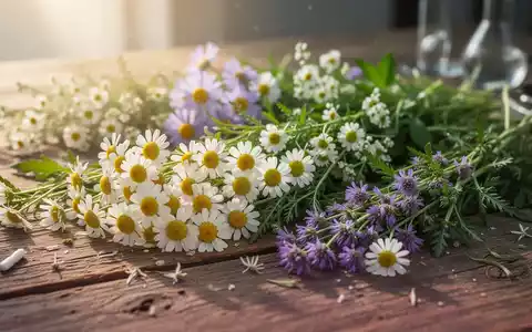 Frische Heilkräuter und Wildblumen auf einem rustikalen Holztisch in natürlichem Licht. - Foto: über boerse-global.de