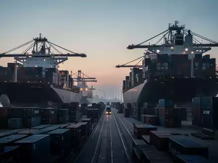 Moderne Hafenanlage bei Dämmerung mit Containerschiffen und Frachtcontainern als Symbol für globalen Handel und Wirtschaft. - Foto: über boerse-global.de