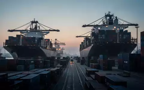 Moderne Hafenanlage bei Dämmerung mit Containerschiffen und Frachtcontainern als Symbol für globalen Handel und Wirtschaft. - Foto: über boerse-global.de