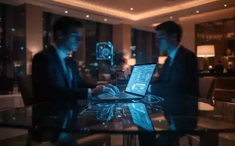 Ein Geschäftsmann arbeitet in einem modernen Hotel-Lobby-Bereich an seinem Laptop, während blaue Lichtreflexe die digitale Sicherheitsbedrohung symbolisieren. - Foto: über boerse-global.de