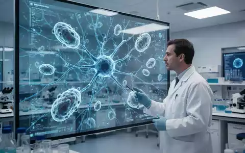 Ein Wissenschaftler betrachtet eine 3D-Visualisierung von Nervenzellstrukturen und Mitochondrien in einem modernen Labor. - Foto: über boerse-global.de