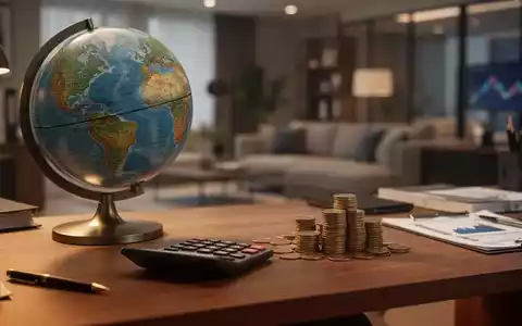 Ein Schreibtisch mit einem Globus, einem Taschenrechner und Münzstapeln als Symbol für finanzielle Planung und Auswanderung. - Foto: über boerse-global.de