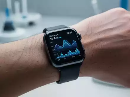 Eine Smartwatch am Handgelenk, die biometrische Daten anzeigt, vor einem minimalistischen, technologisch wirkenden Hintergrund. - Foto: über boerse-global.de