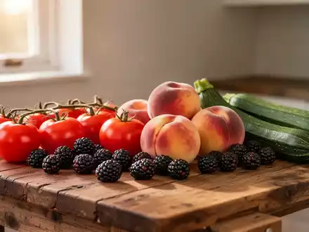 Frisches saisonales Obst und Gemüse wie Tomaten, Beeren und Pfirsiche auf einem hölzernen Küchentisch. - Foto: über boerse-global.de