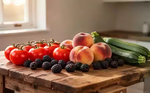 Frisches saisonales Obst und Gemüse wie Tomaten, Beeren und Pfirsiche auf einem hölzernen Küchentisch. - Foto: über boerse-global.de