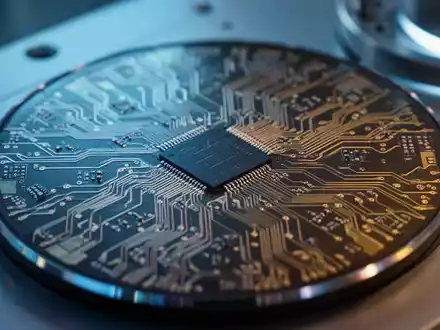 Nahaufnahme eines modernen Silizium-Wafers mit komplexen Mikrochip-Strukturen in einer High-Tech-Laborumgebung. - Foto: über boerse-global.de