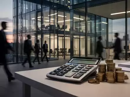 Ein Taschenrechner und Münzen auf einem Schreibtisch vor einem modernen Bürogebäude als Symbol für Steuerpolitik. - Foto: über boerse-global.de