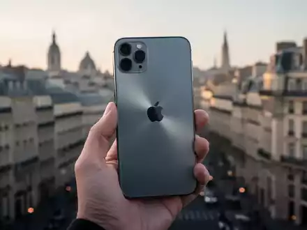 Moderne iPhone in einer Hand gehalten mit verschwommenem europäischen Stadtbild im Hintergrund. - Foto: über boerse-global.de
