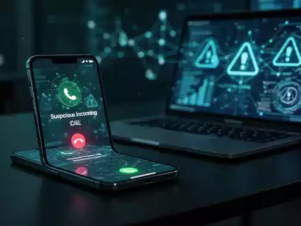 Ein Smartphone mit einer verdächtigen Anrufer-ID neben einem Laptop, der abstrakte Sicherheitsdaten und Netzwerksymbole anzeigt. - Foto: über boerse-global.de