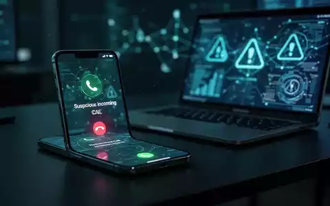 Ein Smartphone mit einer verdächtigen Anrufer-ID neben einem Laptop, der abstrakte Sicherheitsdaten und Netzwerksymbole anzeigt. - Foto: über boerse-global.de