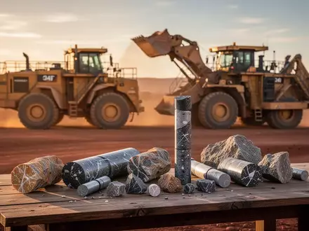 Moderne Bergbauanlage im australischen Outback bei Sonnenuntergang mit geologischen Gesteinsproben im Vordergrund. - Foto: über boerse-global.de