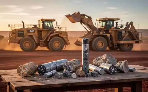 Moderne Bergbauanlage im australischen Outback bei Sonnenuntergang mit geologischen Gesteinsproben im Vordergrund. - Foto: über boerse-global.de