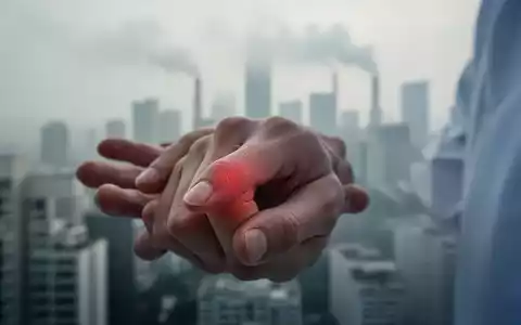 Nahaufnahme einer Hand mit Gelenkentzündung vor einem verschwommenen, dunstigen Stadtbild als Symbol für Luftverschmutzung. - Foto: über boerse-global.de