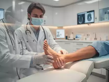 Ein Arzt bei der orthopädischen Untersuchung eines Fußes in einer modernen, professionellen Praxisumgebung. - Foto: über boerse-global.de