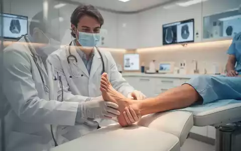 Ein Arzt bei der orthopädischen Untersuchung eines Fußes in einer modernen, professionellen Praxisumgebung. - Foto: über boerse-global.de