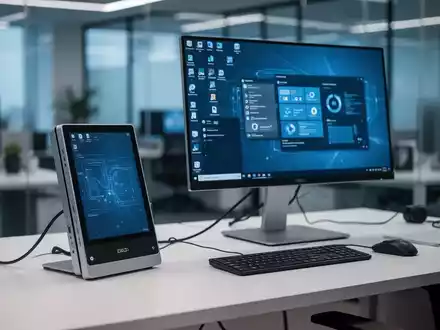 Ein moderner Thin-Client-Arbeitsplatz mit einem Monitor, der eine virtuelle Desktop-Umgebung in einem professionellen Büro zeigt. - Foto: über boerse-global.de