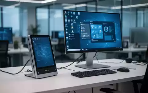 Ein moderner Thin-Client-Arbeitsplatz mit einem Monitor, der eine virtuelle Desktop-Umgebung in einem professionellen Büro zeigt. - Foto: über boerse-global.de
