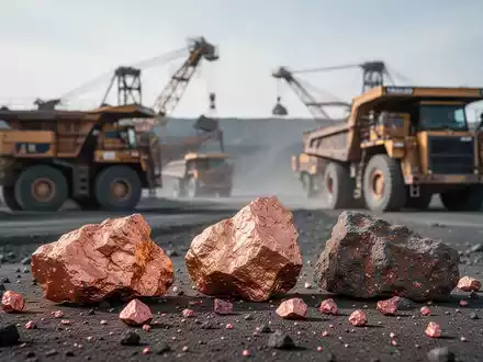 Industrielle Bergbauanlage mit Kupfererzproben im Vordergrund. - Foto: über boerse-global.de