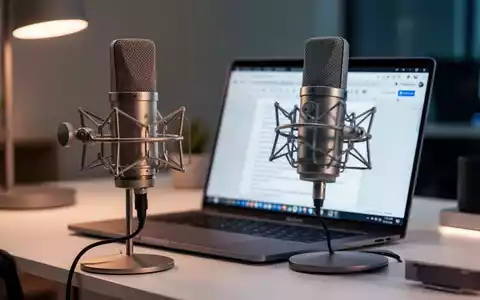Professioneller Arbeitsplatz mit Mikrofon und Laptop, der Voice-to-Text-Produktivitätsabläufe hervorhebt. - Foto: über boerse-global.de