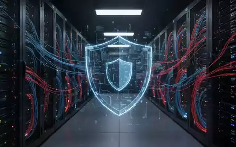 Abstraktes digitales Sicherheitskonzept in einem modernen Serverraum mit leuchtenden Datenleitungen und Warnsymbolik. - Foto: über boerse-global.de