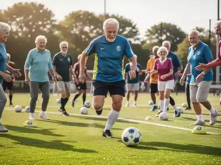 Eine Gruppe aktiver Senioren spielt Walking Football auf einem Fußballplatz, um die körperliche und geistige Gesundheit zu fördern. - Foto: über boerse-global.de