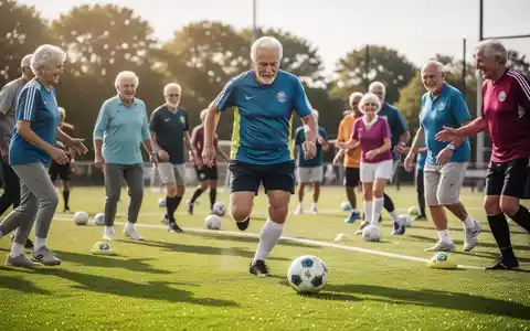 Eine Gruppe aktiver Senioren spielt Walking Football auf einem Fußballplatz, um die körperliche und geistige Gesundheit zu fördern. - Foto: über boerse-global.de