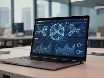 Moderner Büroarbeitsplatz mit Laptop, der eine fortschrittliche KI-Datenanalyse- und Softwareintegrationsoberfläche zeigt. - Foto: über boerse-global.de